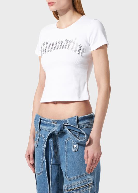 Blumarine donne t-shirt a costine con logo in strass abbigliamento 0L44T102