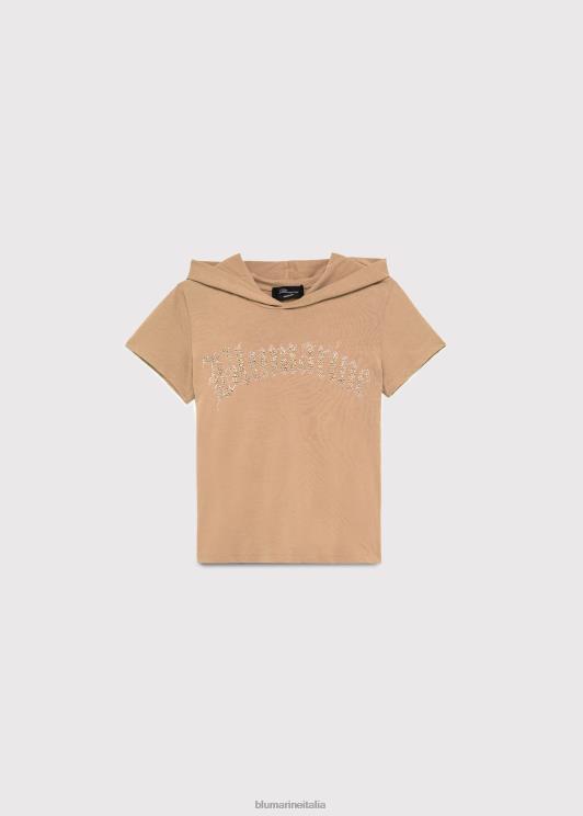 Blumarine donne t-shirt con cappuccio con logo ricamato in strass abbigliamento 0L44T124