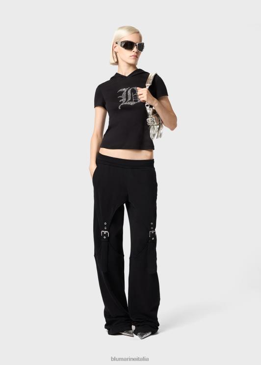 Blumarine donne t-shirt con cappuccio con ricamo di strass gotici abbigliamento 0L44T123
