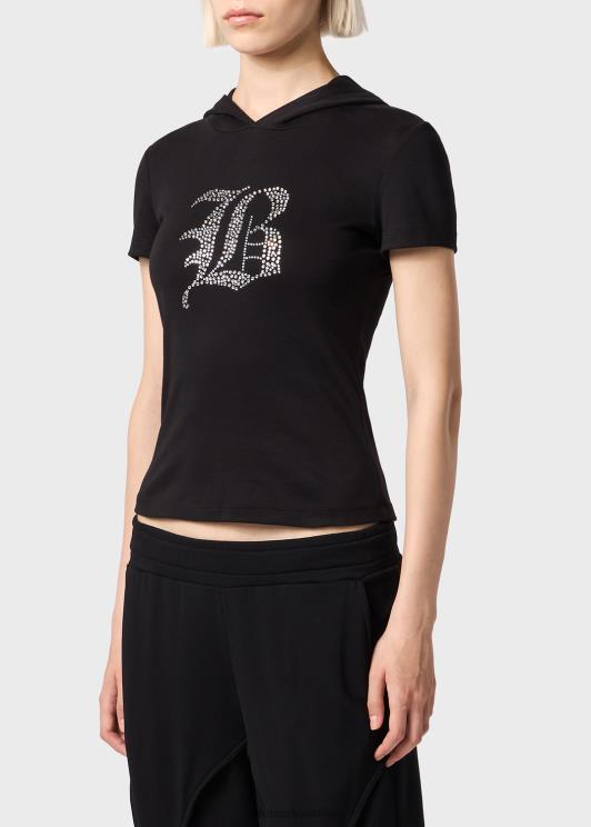 Blumarine donne t-shirt con cappuccio con ricamo di strass gotici abbigliamento 0L44T123