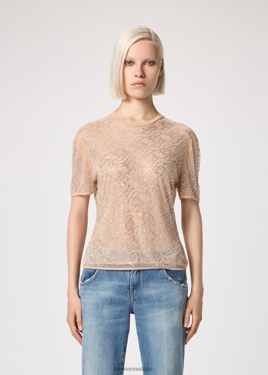 Blumarine donne t-shirt in tulle con monogramma b ricamato in strass abbigliamento 0L44T93