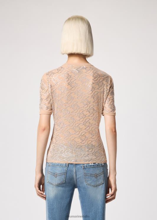 Blumarine donne t-shirt in tulle con monogramma b ricamato in strass abbigliamento 0L44T93