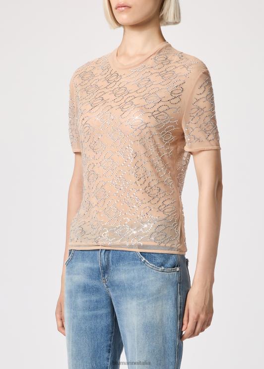 Blumarine donne t-shirt in tulle con monogramma b ricamato in strass abbigliamento 0L44T93