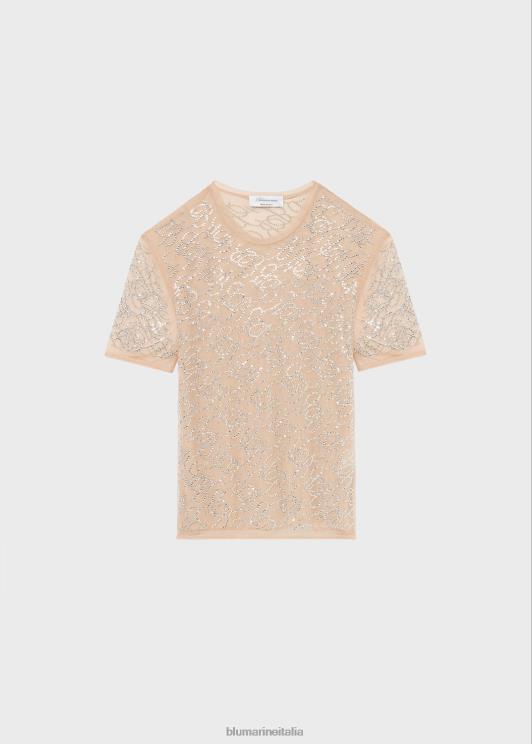 Blumarine donne t-shirt in tulle con monogramma b ricamato in strass abbigliamento 0L44T93