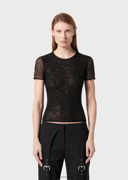 Blumarine donne t-shirt in tulle con monogramma b ricamato in strass abbigliamento 0L44T94