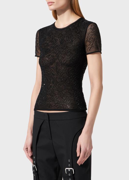 Blumarine donne t-shirt in tulle con monogramma b ricamato in strass abbigliamento 0L44T94