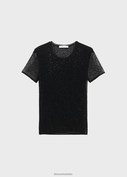 Blumarine donne t-shirt in tulle con monogramma b ricamato in strass abbigliamento 0L44T94