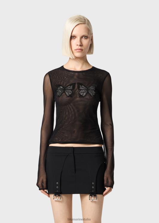 Blumarine donne t-shirt in tulle con ricamo farfalla strass abbigliamento 0L44T92