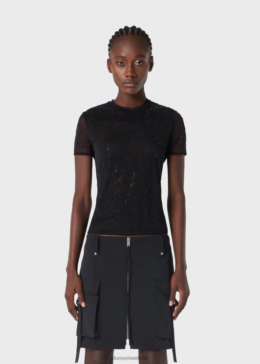 Blumarine donne t-shirt in tulle con ricamo logo in strass abbigliamento 0L44T95