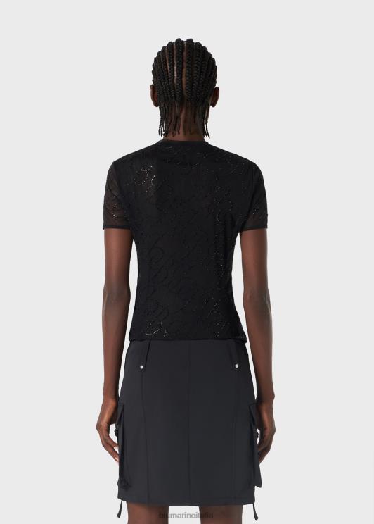 Blumarine donne t-shirt in tulle con ricamo logo in strass abbigliamento 0L44T95
