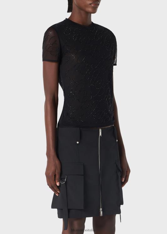Blumarine donne t-shirt in tulle con ricamo logo in strass abbigliamento 0L44T95