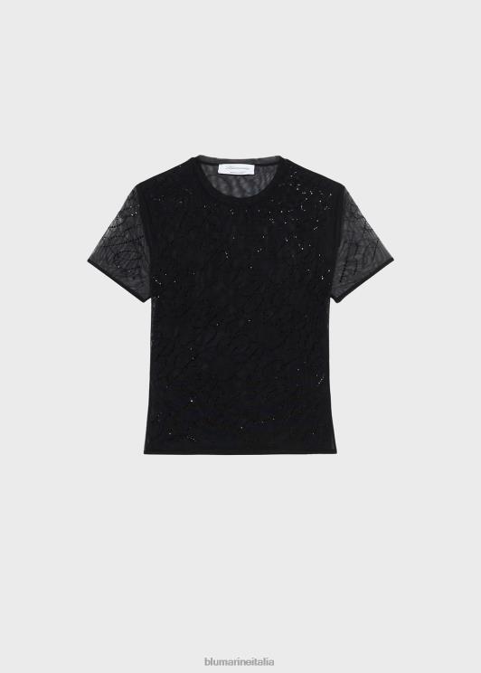 Blumarine donne t-shirt in tulle con ricamo logo in strass abbigliamento 0L44T95