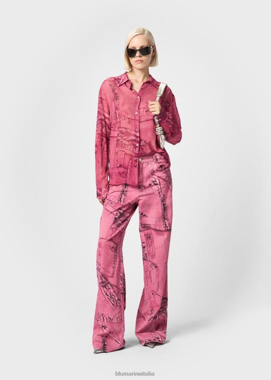 Blumarine donne camicia in georgette con stampa cargo patch abbigliamento 0L44T64