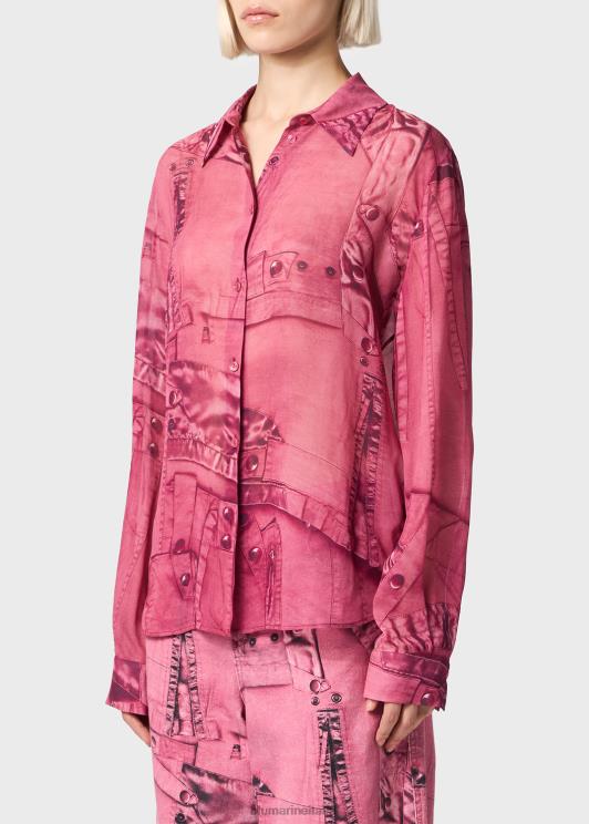 Blumarine donne camicia in georgette con stampa cargo patch abbigliamento 0L44T64