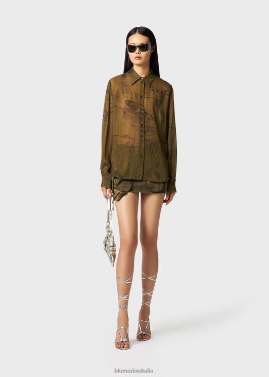 Blumarine donne camicia in georgette con stampa cargo patch abbigliamento 0L44T66