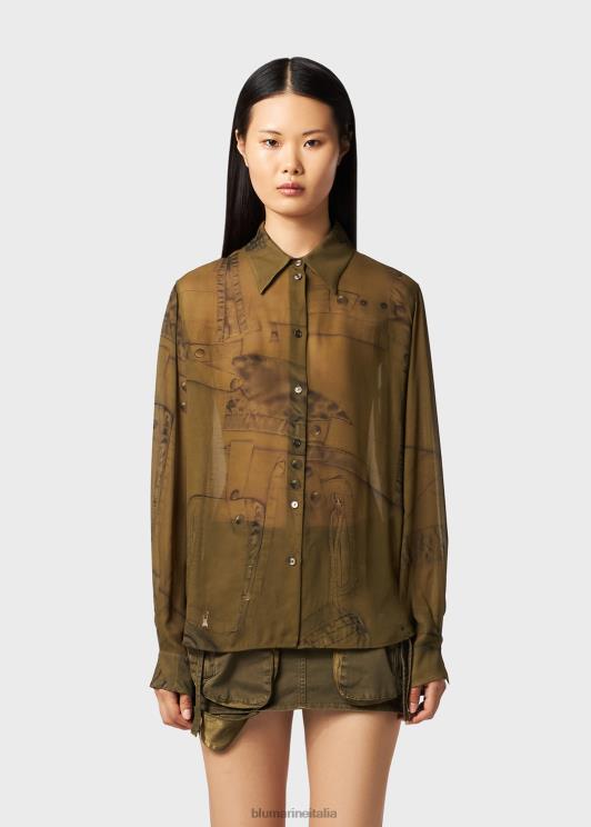 Blumarine donne camicia in georgette con stampa cargo patch abbigliamento 0L44T66