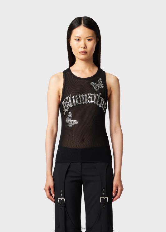 Blumarine donne canotta con ricamo logo strass e farfalle abbigliamento 0L44T98