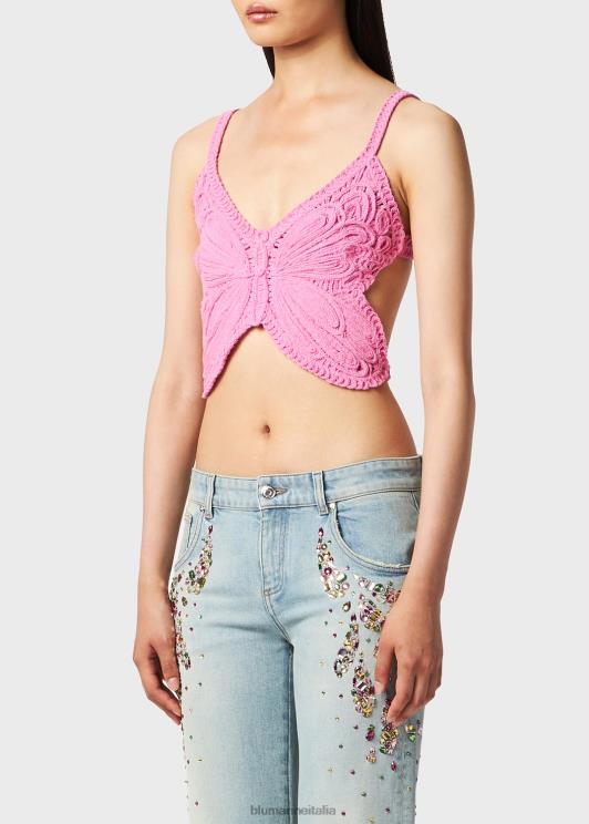 Blumarine donne top corto con farfalla ricamata abbigliamento 0L44T85