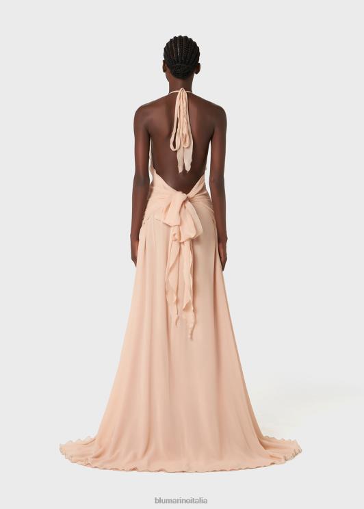 Blumarine donne abito lungo in georgette con volant e decorazione di rose abbigliamento 0L44T57