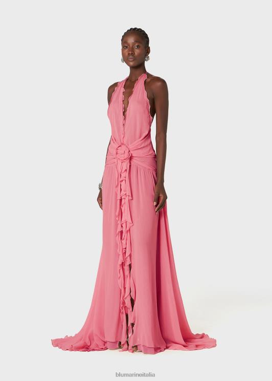 Blumarine donne abito lungo in georgette con volant e decorazione di rose abbigliamento 0L44T58