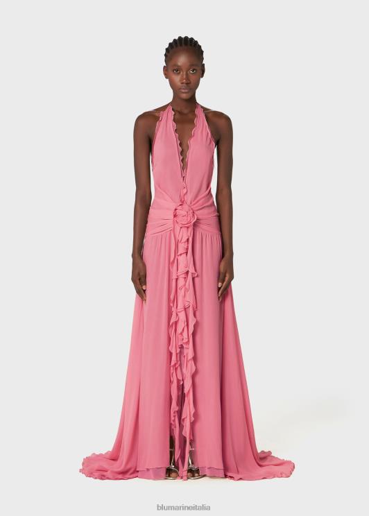 Blumarine donne abito lungo in georgette con volant e decorazione di rose abbigliamento 0L44T58