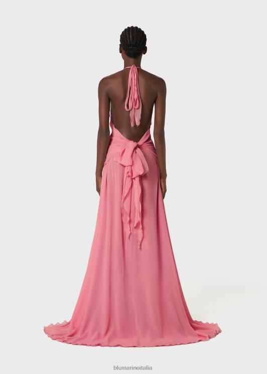 Blumarine donne abito lungo in georgette con volant e decorazione di rose abbigliamento 0L44T58