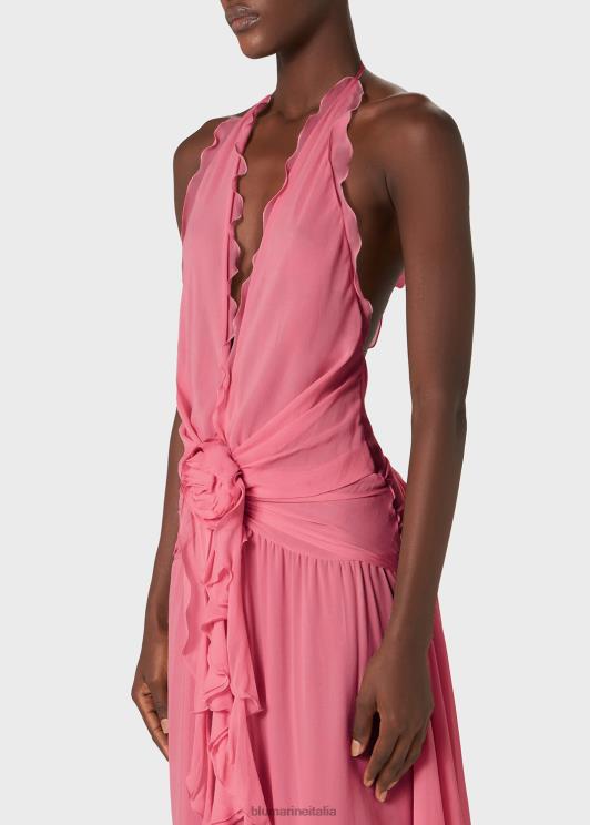 Blumarine donne abito lungo in georgette con volant e decorazione di rose abbigliamento 0L44T58